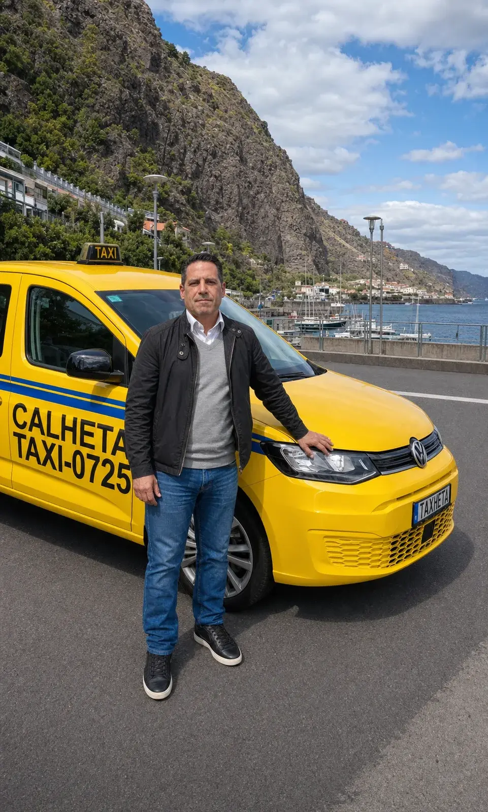 Antonio Coutinho standing beside a Calheta Taxi vehicle at the Calheta marina