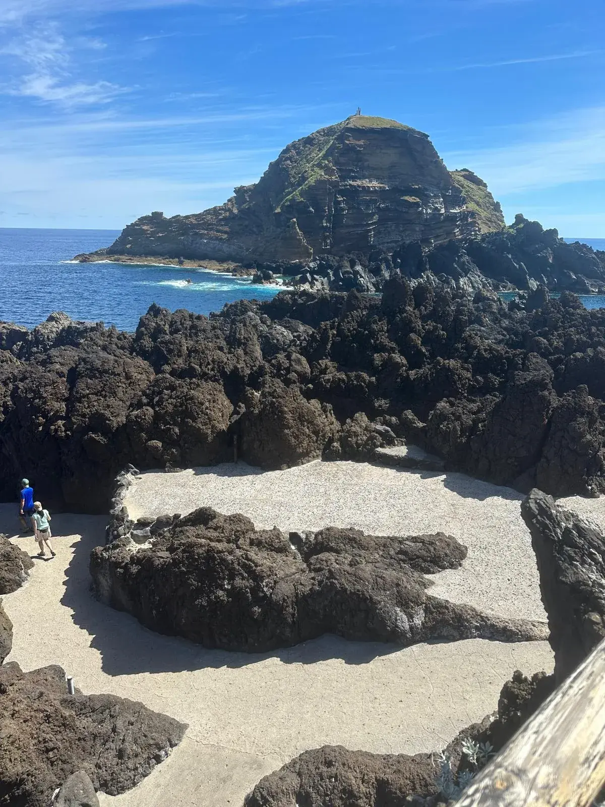 Ilheu Mole seen across volcanic rocks in Porto Moniz