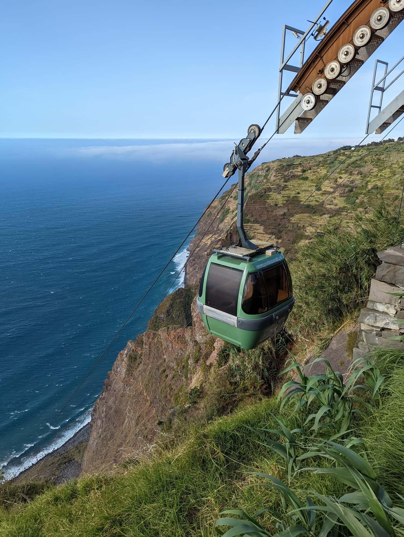 Teleférico cable car descending sea cliffs at Achadas da Cruz, Madeira