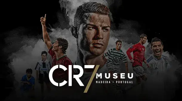 Museu CR7 promotional graphic showing Cristiano Ronaldo through his football career